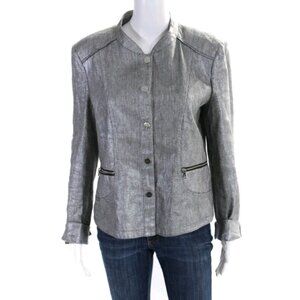 Gerry Weber Silver Metallic Coated Cotton Linen Blazer Jacket Size 8 Pockets